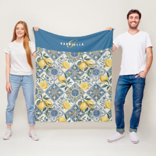 Cobertor De Velo Nome de Limão Aquarela Azul Amarelo