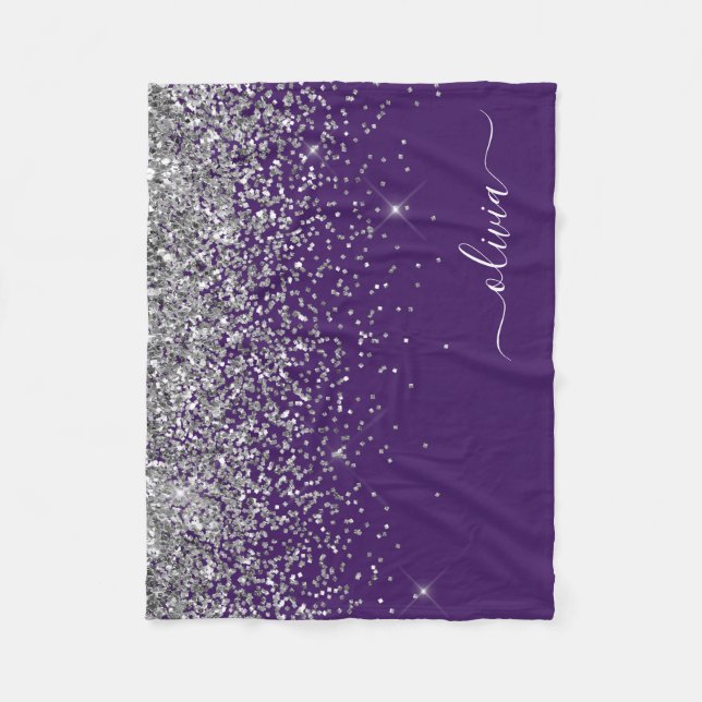 Cobertor De Velo Nome de Monograma Glitter Prata Roxo Menina (Frente)