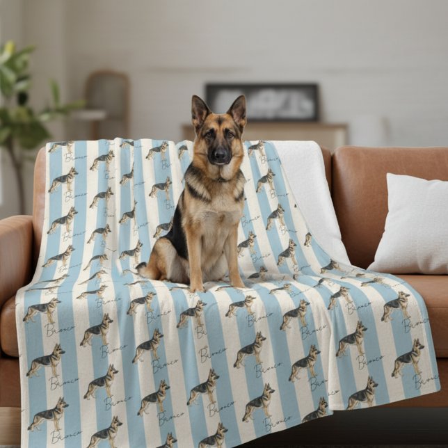 Cobertor De Velo Nome de Pet do German shepherd Stripe Azul Persona (Get cozy with this "Custom Blue Stripe German Shepherd Pet Name Fleece Blanket"! )
