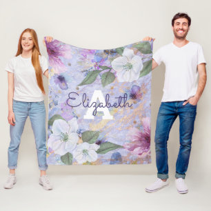 Cobertor De Velo Nome do monograma de cor da água púrpura floral ví