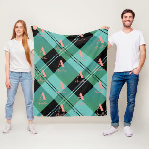 Cobertor De Velo Nome do Monograma Xadrez Verde Rosa