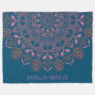 Cobertor De Velo Nome Personalizado Boho Mandala Floral Azul Rosa