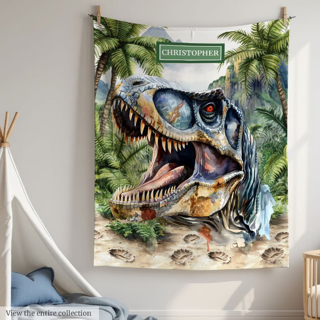 Cobertor De Velo Nome Personalizado do Jato de Dinossauro Selvagem  (Wild Dinosaur Blanket Custom Name for Boys)