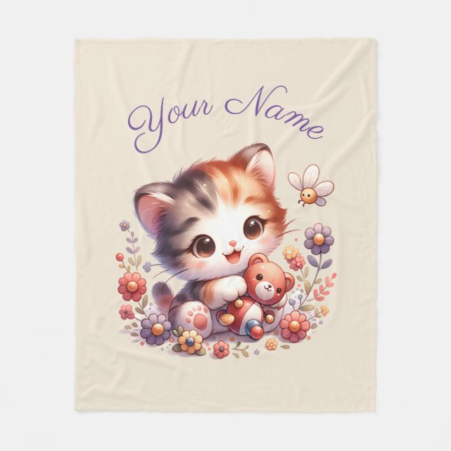 Cobertor De Velo Nome Personalizado do Kitten Reproduzindo Aquarela (Frente)