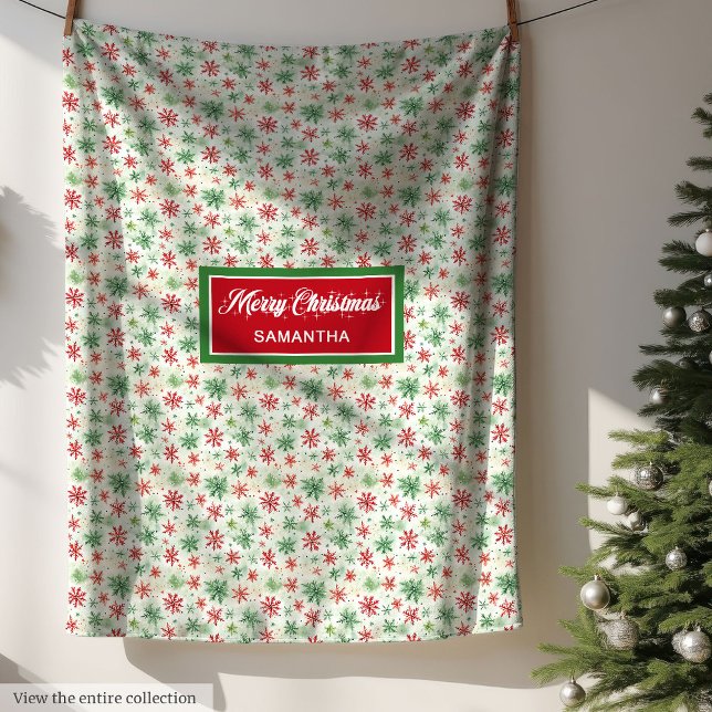 Cobertor De Velo Nome personalizado dos flocos de neve vermelhos e  (Watercolor red and green snowflakes custom name Fleece Blanket)