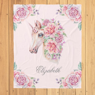 Cobertor De Velo Nome Personalizado Floral Rústico Aquarela Unicórn