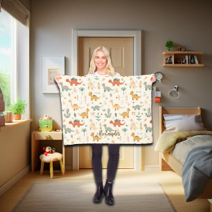 Cobertor De Velo Nome Personalizado Pequenos Dinossauros Beige Tone