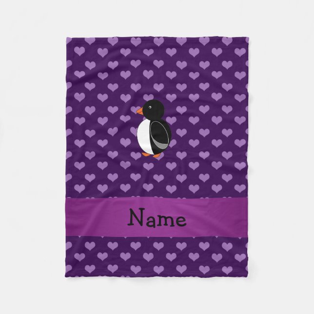 Cobertor De Velo Nome personalizado pinguim roxo corações (Frente)