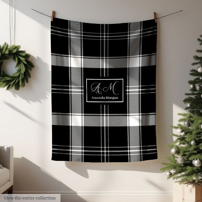 Cobertor De Velo Nome Personalizado Plaid Buffalo Preto Branco Pres (Custom Name Black White Buffalo Plaid Men's Gift Blanket)