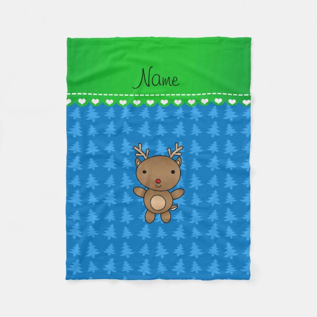 Cobertor De Velo Nome personalizado renas árvores de natal azuis (Frente)