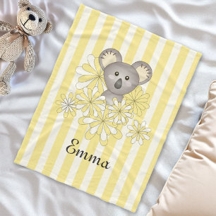 Cobertor De Velo Nome Personalizado Yellow Stripe Baby Koala Kids