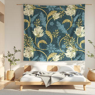 Cobertor De Velo Nouveau de Creme e Arte Floral Azul