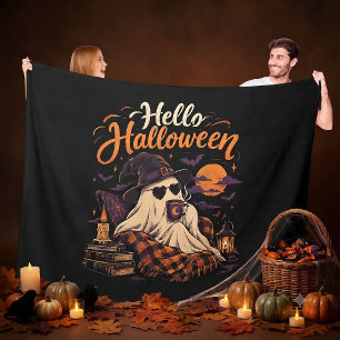 Cobertor De Velo Olá Halloween Fantasma Fofo Bebendo Café