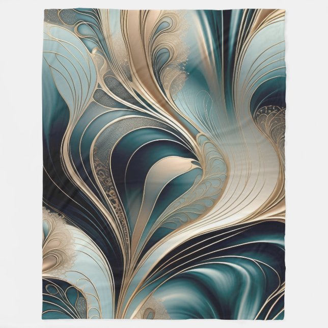 Cobertor De Velo Onda Dourada - Abstrato em Turquesa e Dourado (Frente)