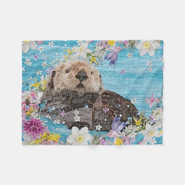 Cobertor De Velo Otter Nadando nas Flores (Frente (Horizontal))