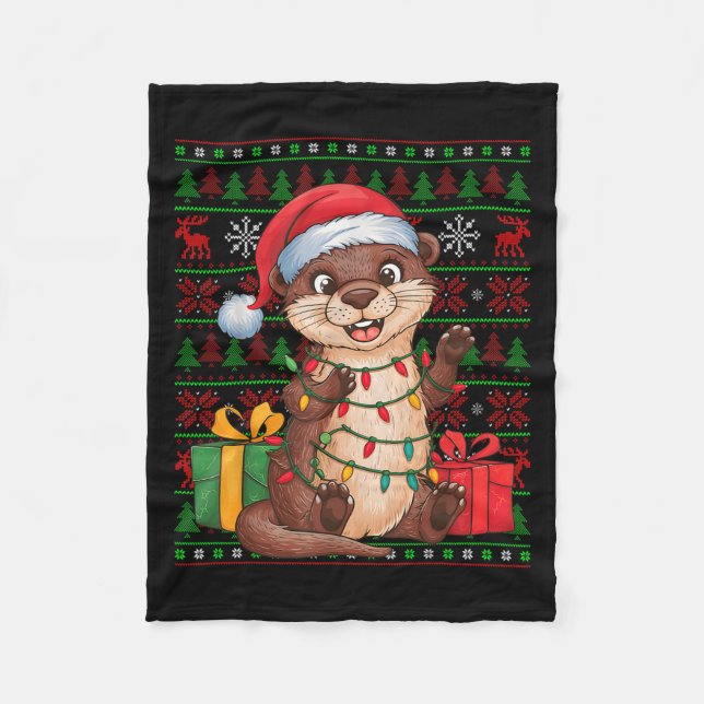 Cobertor De Velo Otter Xmas Lights Ugly Santa Hat Otter Christmas  (Frente)