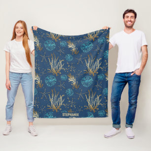 Cobertor De Velo Ouro Starfish e Coral Reef Patterno em Azul