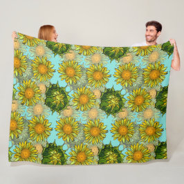 Cobertor De Velo Padrão Amarelo de Girassóis com Folhagem e Buds