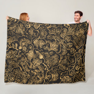 Cobertor De Velo Padrão Barroco Floral Dourado em Preto
