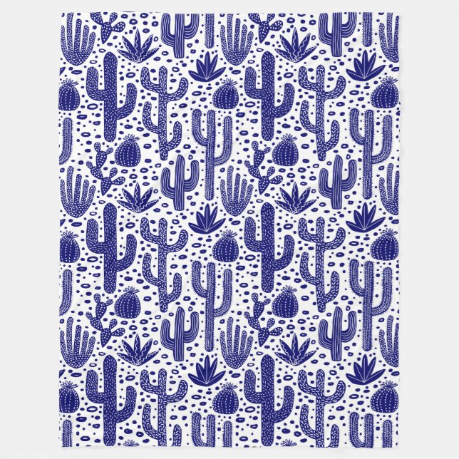 Cobertor De Velo Padrão Cactus - Azul Escuro e Branco (Frente)
