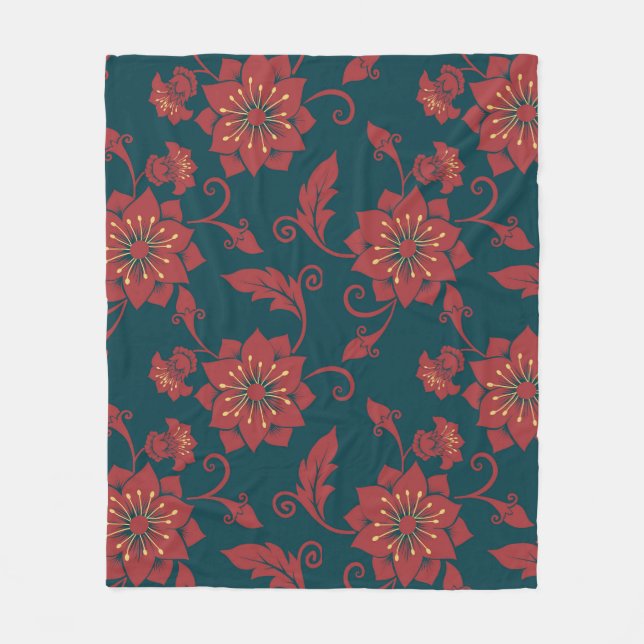Cobertor De Velo Padrão contínuo em damasco floral vermelho (Frente)