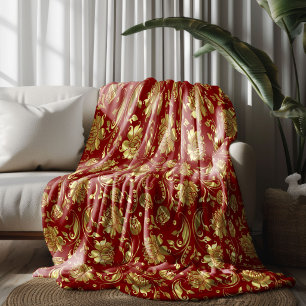 Cobertor De Velo Padrão Damasco Dourado Brilhante e Vermelho-Acasta