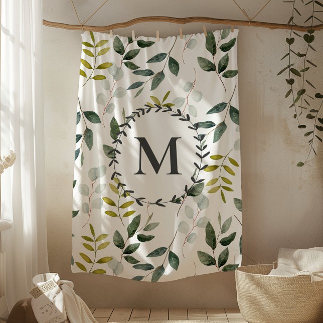 Cobertor De Velo Padrão de Aquarela de Folhas Verdes Monogramadas (In situ)