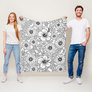 Cobertor De Velo Padrão de Arte de Linha Floral Preto e Branco Eleg