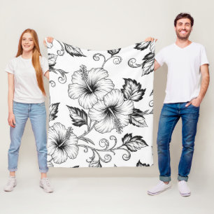 Cobertor De Velo Padrão de Arte de Linha Floral Preto e Branco Eleg