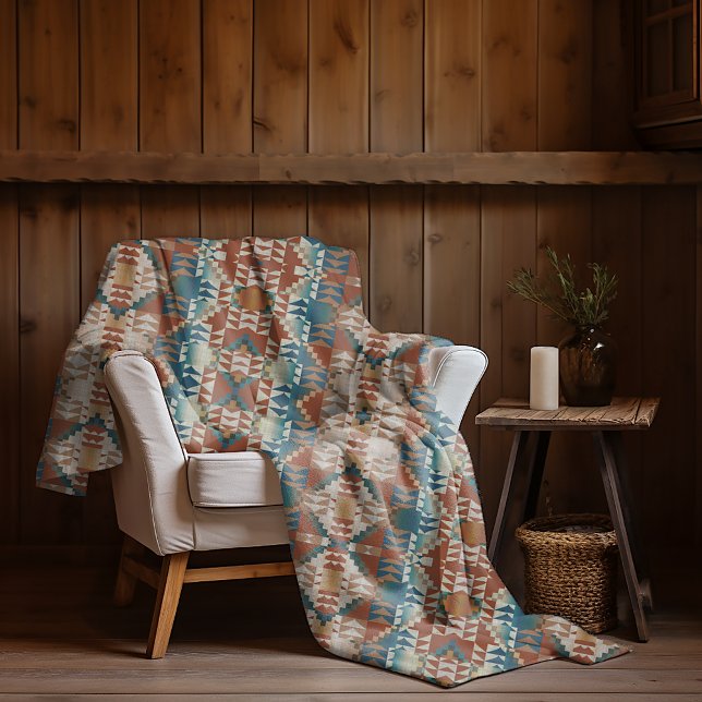 Cobertor De Velo Padrão de Arte Tribal Azul Castanho Vermelho Beige (Criador carregado)