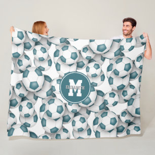 Cobertor De Velo padrão de bolas de futebol branco teal monograma