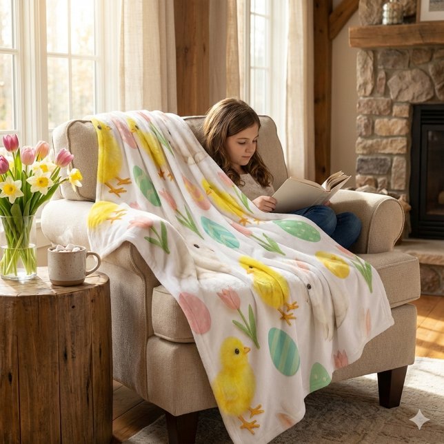 Cobertor De Velo Padrão de Coelhinhos e Pintinhos (Cozy moments are enhanced by reading a book by the fire and using a warm, springtime fleece blanket)
