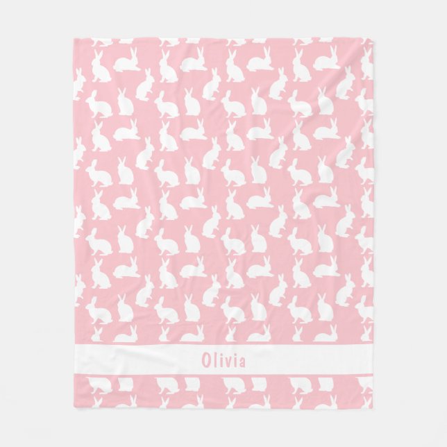 Cobertor De Velo Padrão de Coelho Rosa e Branco com Nome (Frente)