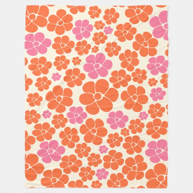 Cobertor De Velo Padrão de Flor - Rosa, Laranja e Creme (Frente)