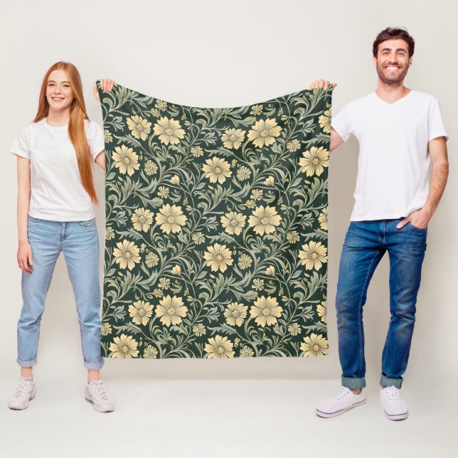 Cobertor De Velo Padrão de flores amarelas estilizadas em verde esc (In Situ)