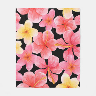 Cobertor De Velo Padrão de Flores de Hibiscus Plumeria Watercolor