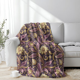 Cobertor De Velo Padrão de Flores Relevo Roxo e Dourado