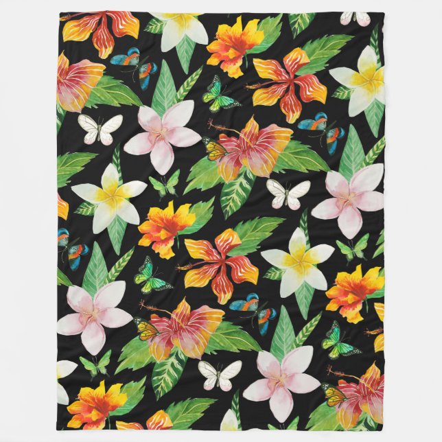 Cobertor De Velo Padrão de Flores Tropicais e Borboletas (Frente)