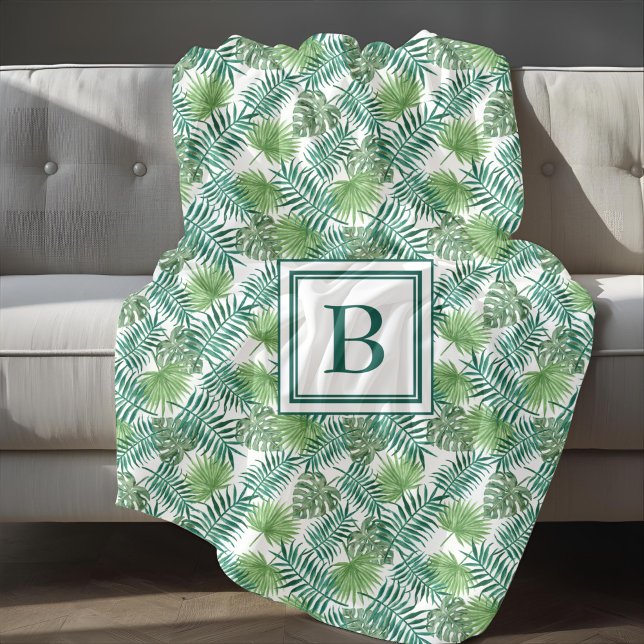 Cobertor De Velo Padrão de Folhas Tropicais Monograma (Tropical Palm Leaves Pattern Monogrammed Fleece Blanket
)