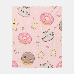 Cobertor De Velo Padrão de Gato Kawaii, Donut e Estrela 