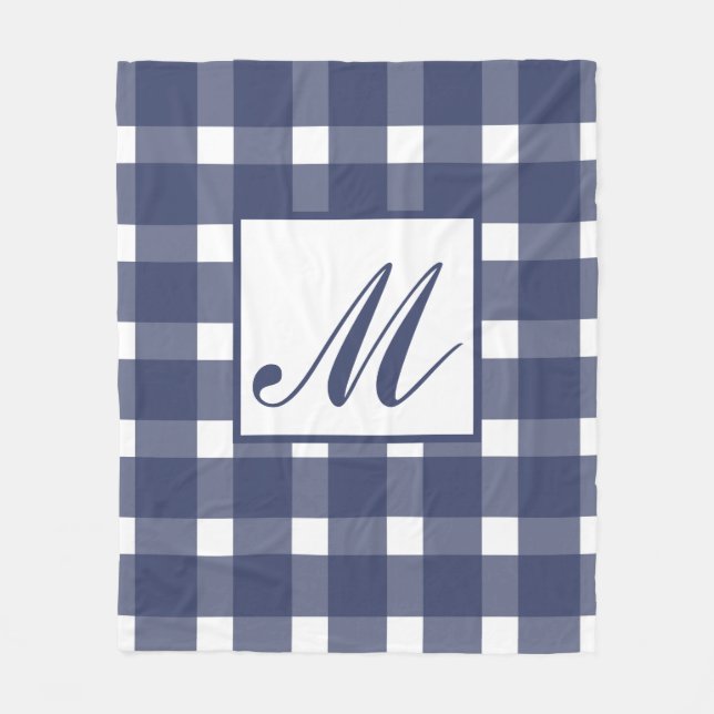 Cobertor De Velo Padrão de Gingham Branco Azul Monograma (Frente)