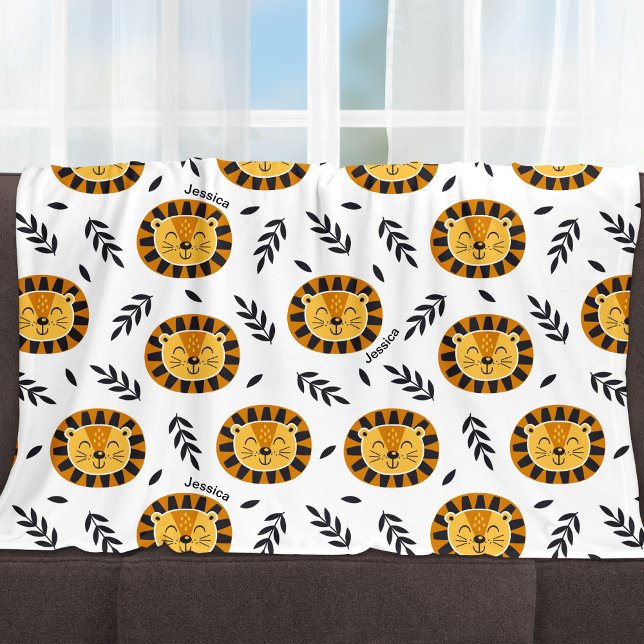 Cobertor De Velo Padrão de Leão Selvagem com Nome de Criança (Criador carregado)