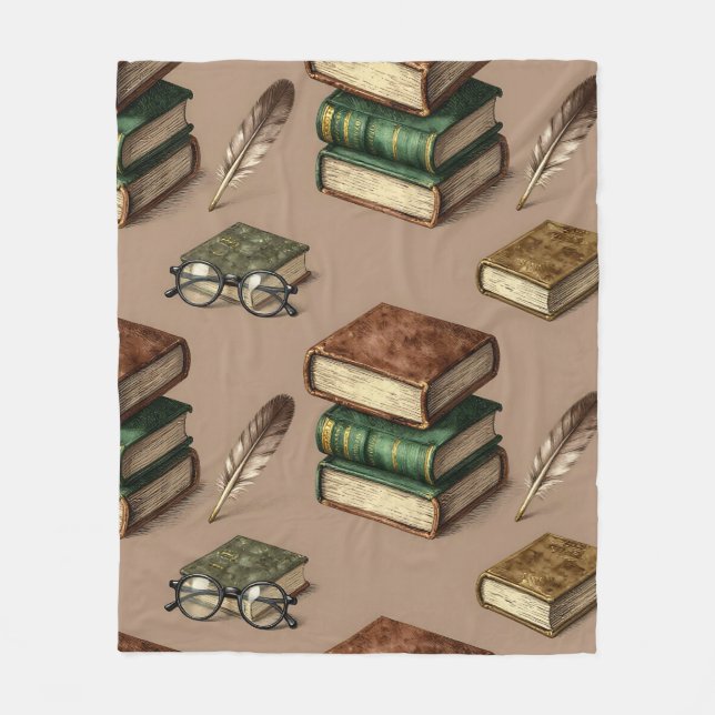 Cobertor De Velo Padrão de Livros Antigos com Óculos e Penas (Frente)