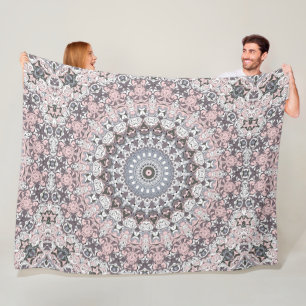 Cobertor De Velo Padrão de Mandala Rosa Cinza e Branco