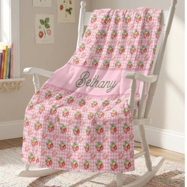 Cobertor De Velo Padrão de Morango Xadrez Rosa Gingham (Criador carregado)