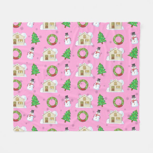 Cobertor De Velo Padrão de Natal - Fundo Rosa  (Frente (Horizontal))