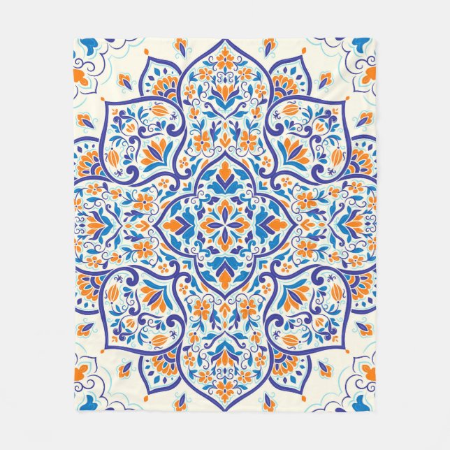 Cobertor De Velo Padrão de Ornamento Azul Laranja de Luxo (Frente)