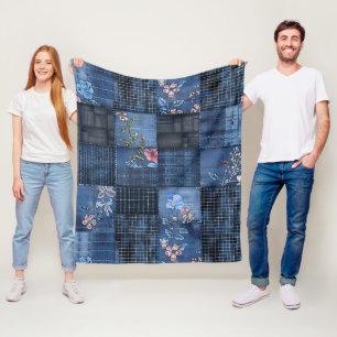Cobertor De Velo Padrão de Patchwork do Indigo Floral Boho Denim