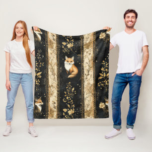 Cobertor De Velo Padrão de Raposa Botânica Preto e Dourado de Luxo