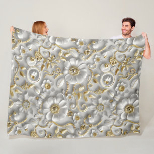 Cobertor De Velo Padrão Decorativo Floral 3D branco e Dourado